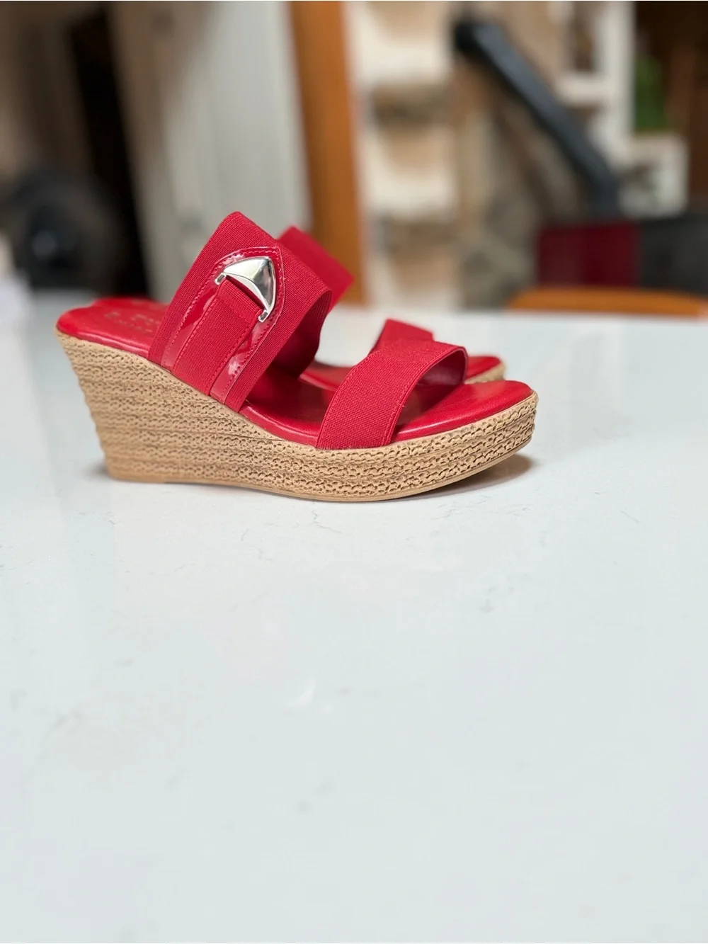 easy street Red Elastic Strap Wedge Sandals with Jute Platform